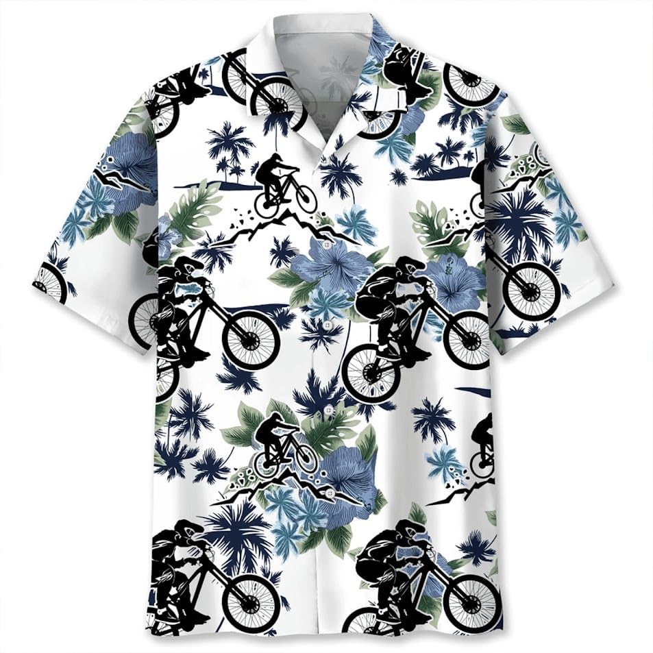 Mountain Bike Hawaiian Shirts for Men, Mens MTB Shirt Summer Short Sleeves Aloha Beach Clothing