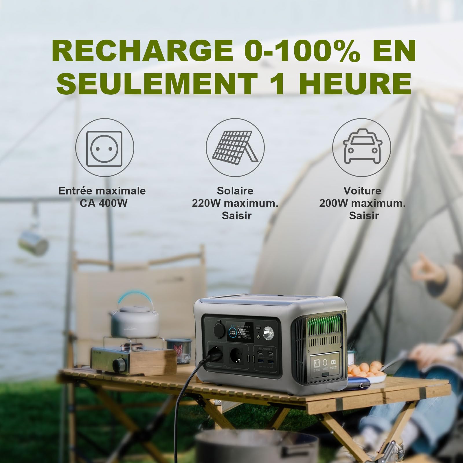 ALLPOWERS R600 Station électrique portable 299Wh, batterie LiFeP04 avec 3500 cycles+, Recharge de 0 à 80% en 30 minutes, Chargement rapide sans fil 15W, générateur solaire pour camping, extérieur