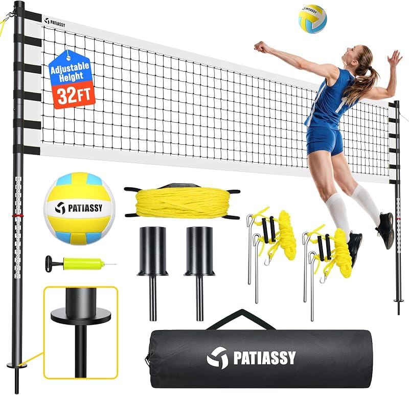 Outdoor Volleyball Net for Backyard, 32FT Anti-Sag Net with Steel Poles | 24-Ply Anti-Sag PE Net, 3 Official Adjustable Height, Easy Setup, Complete Set with Portable Carry Bag