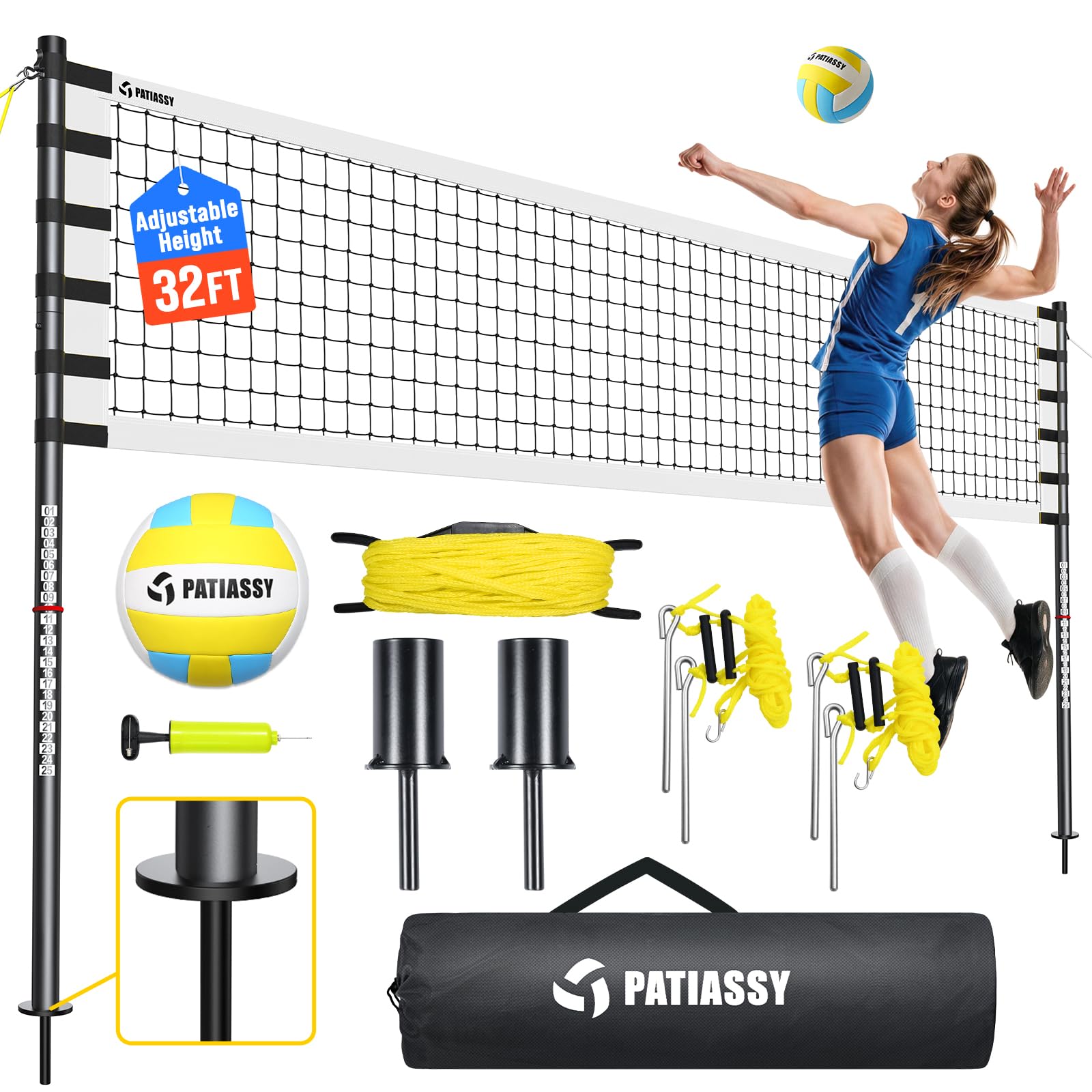 Outdoor Volleyball Net for Backyard, 32FT Anti-Sag Net with Steel Poles
