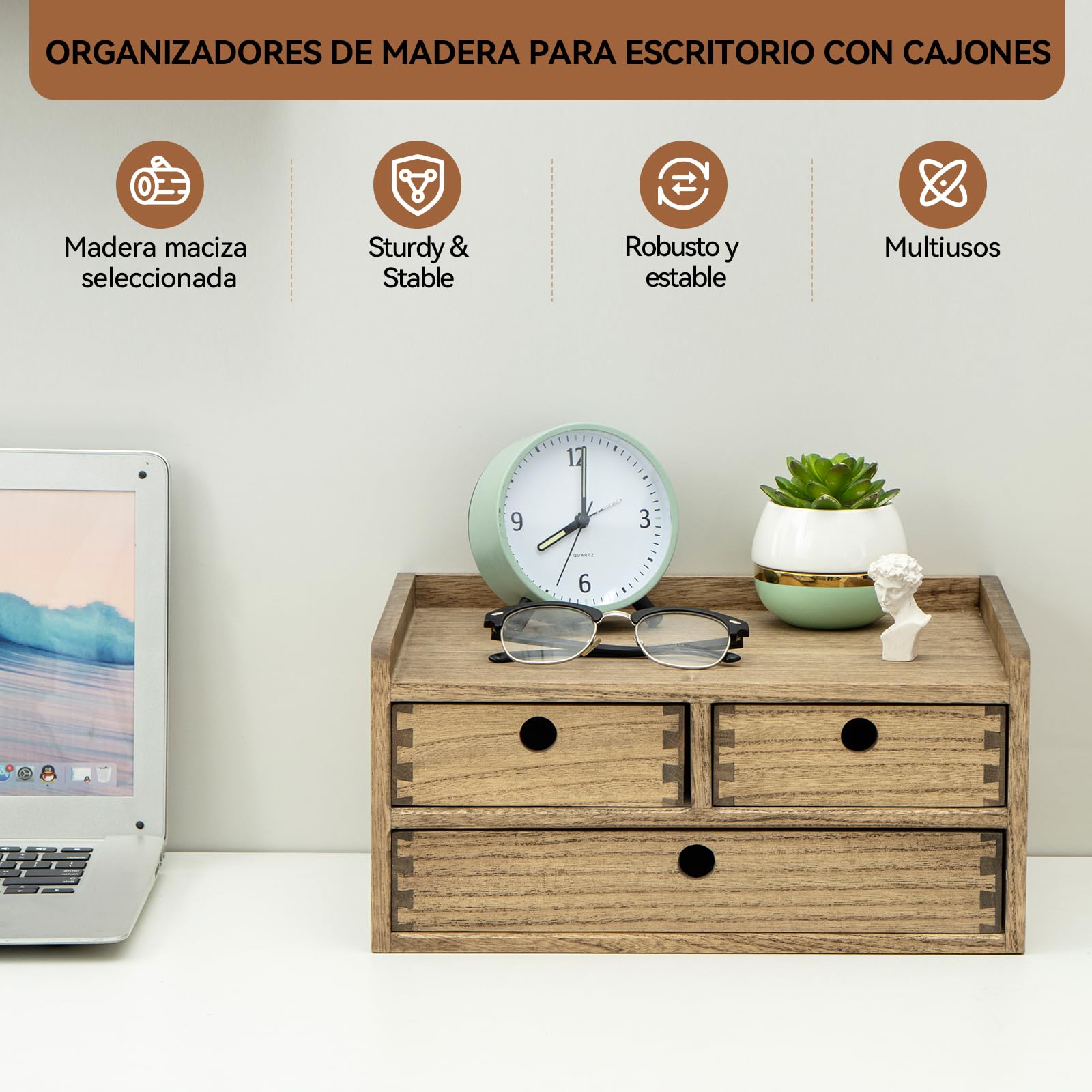 KIRIGEN Cajonera de Madera, Organizador de Escritorio A4, Marrón