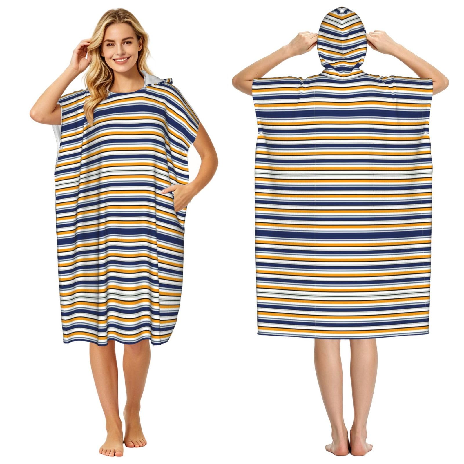 EZDLOWVBA Striped Print Hooded Poncho Microfiber Beach Towel,Adult Women & Men Changing Robe,Lightweight Summer Surf Swim Bath Poncho Towel