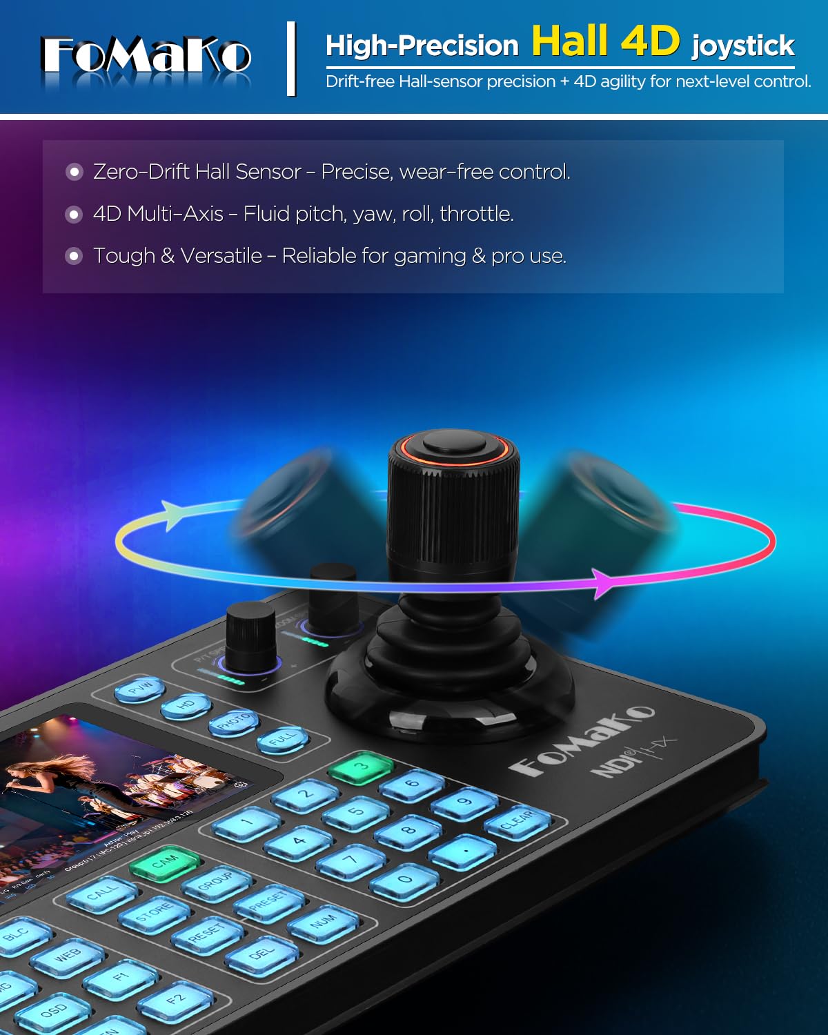 FoMaKo NDI PTZ Camera Controller KC608N–Touchscreen capacitivo da 5,5", Anteprima 4K, Joystick 4D Hall, PoE, Supporto VISCA/Pelco/NDI HX – per Chiesa, Culto, Istruzione, Conferenza ed Eventi dal Vivo