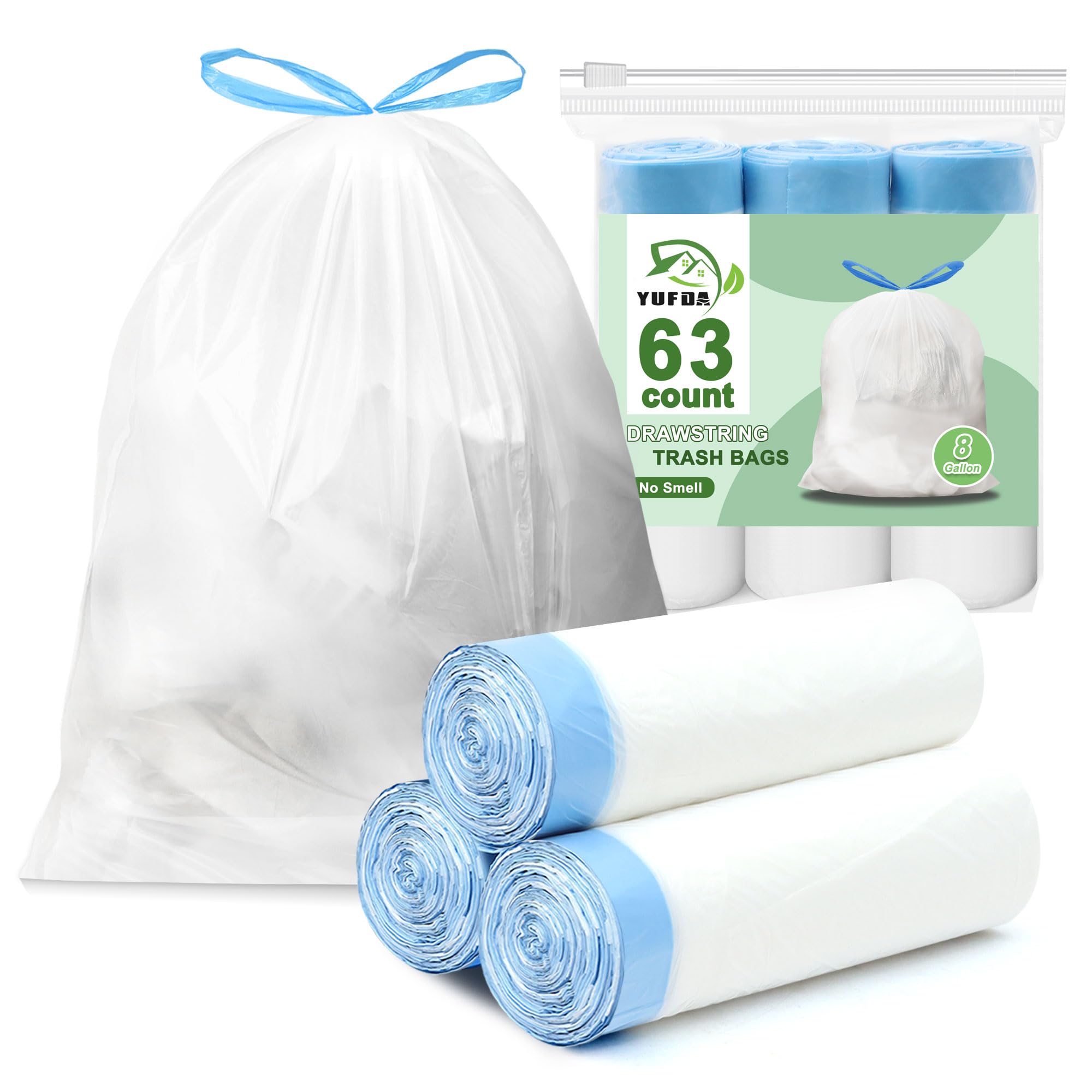 Bolsas de basura de 8 galones con cordón, 63 bolsas de basura medianas preseparadas, 8 galones, bolsas de basura blancas sin perfume de 8 galones para el hogar, cocina, baño