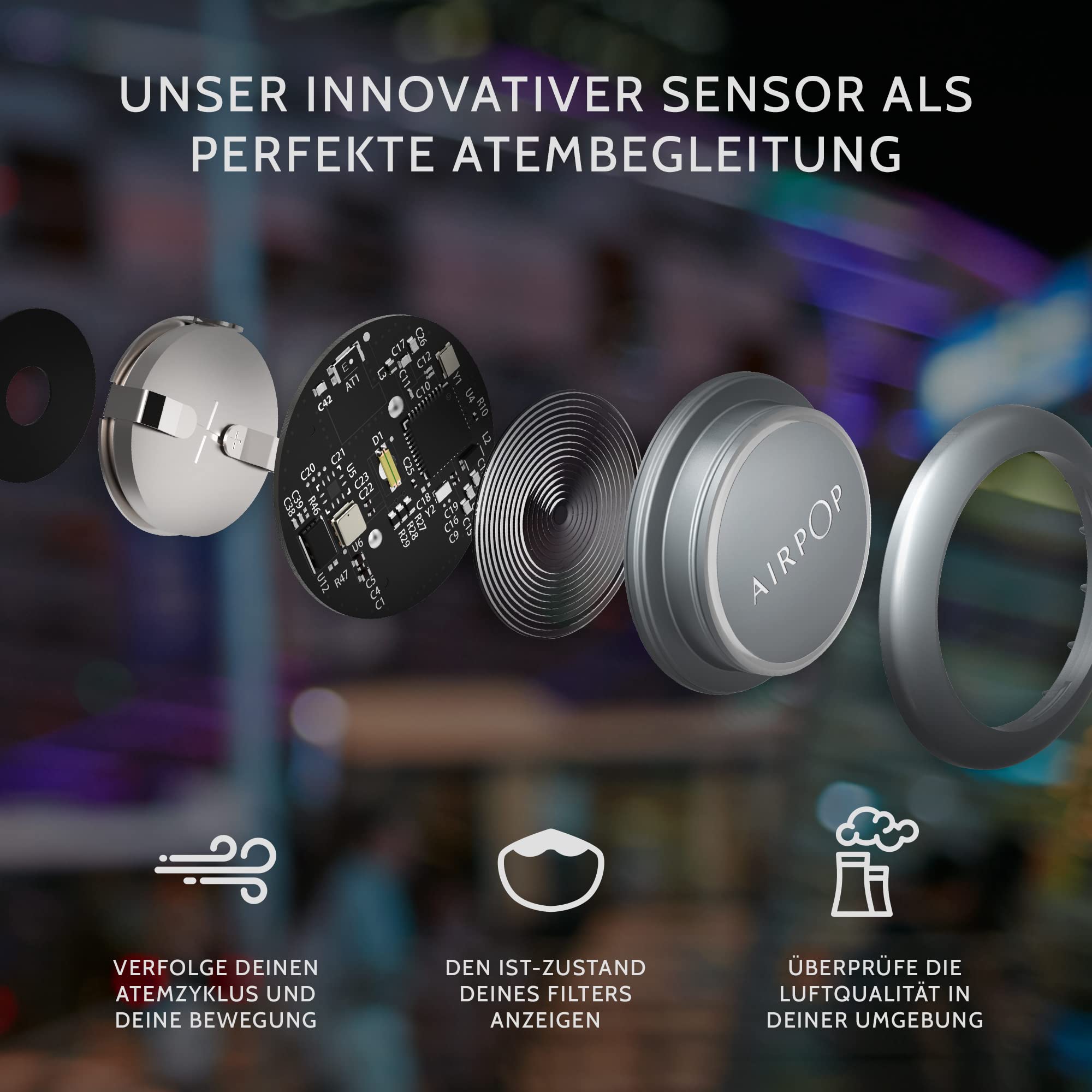 AIRPOP Active+ Halo Gesichtsmaske Wiederverwendbar & Waschbar, Sensor für Luftqualität und Atmung, 4 Filter, 160 Stunden Tragezeit, Atmungsaktiver Gesichtsschutz, Kompatibel mit IOS-App, Schwarz/Gelb