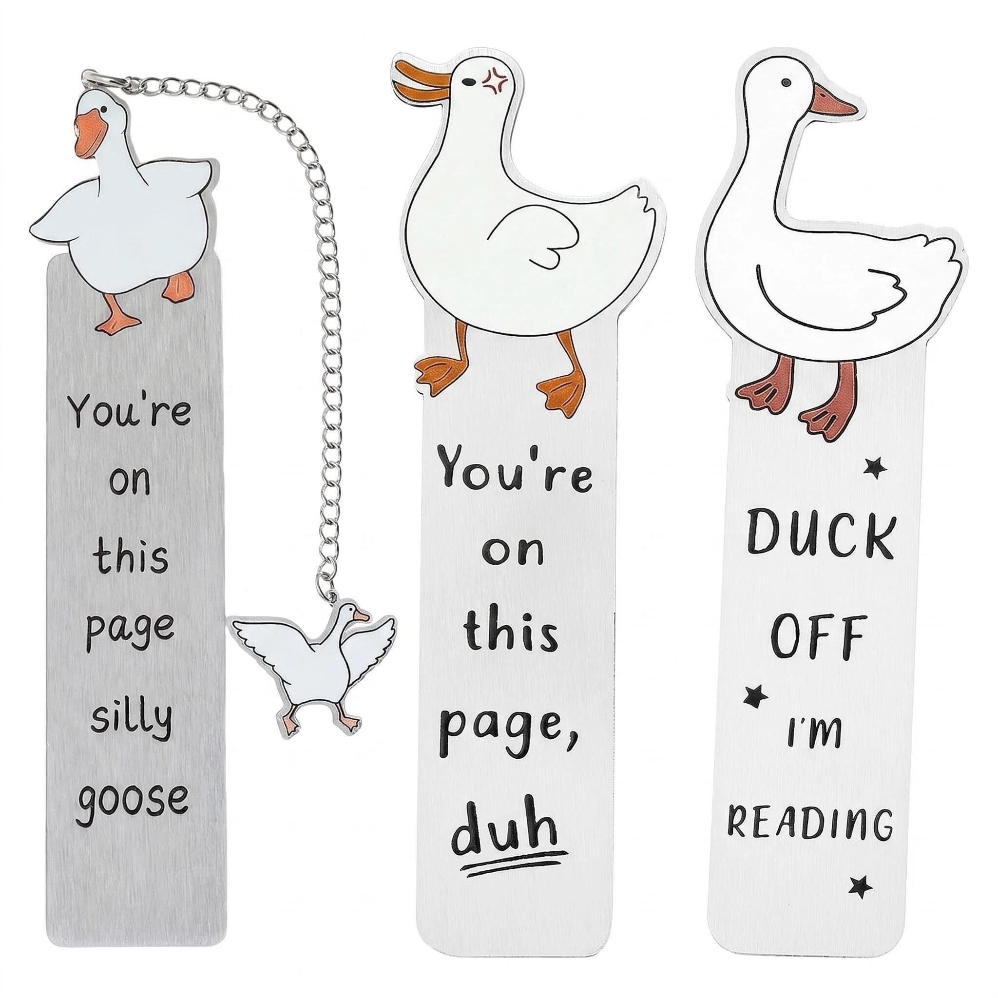 Yipakeh Book Mark, 3PCS Funny Goose Metal Bookmarks Set with Pendant Cute Reading Accessories Unique Gift for Book Lovers Women Men Kids