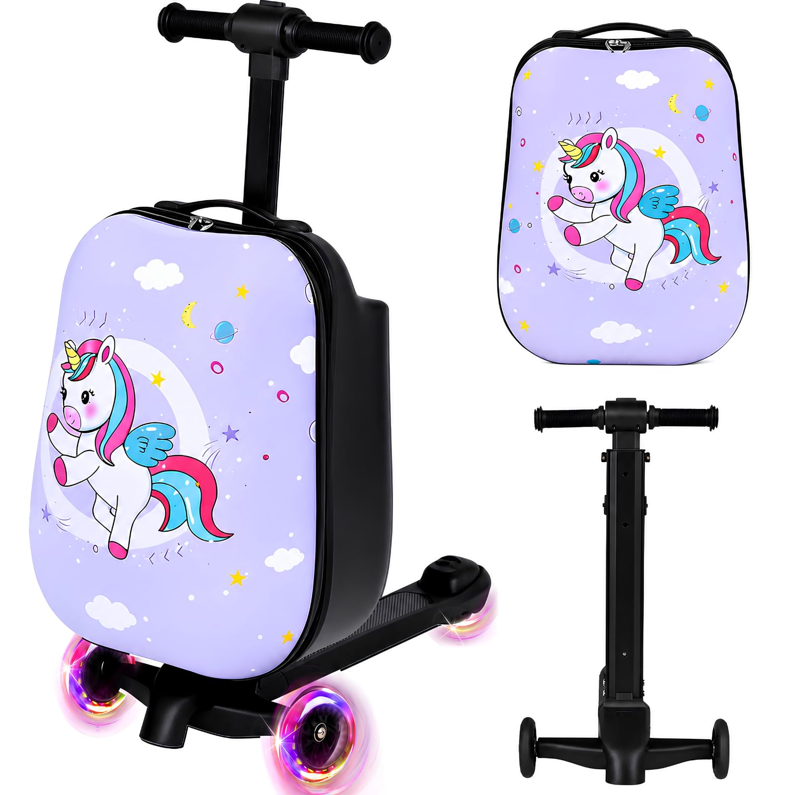 Kids Ride-On Luggage, Scooter Carry-On Suitcase with LED Wheels, 22-inch | 3-Wheel Stability, Easy Maneuvering, Durable Shell, Cute Unicorn Print, Travel Ready
