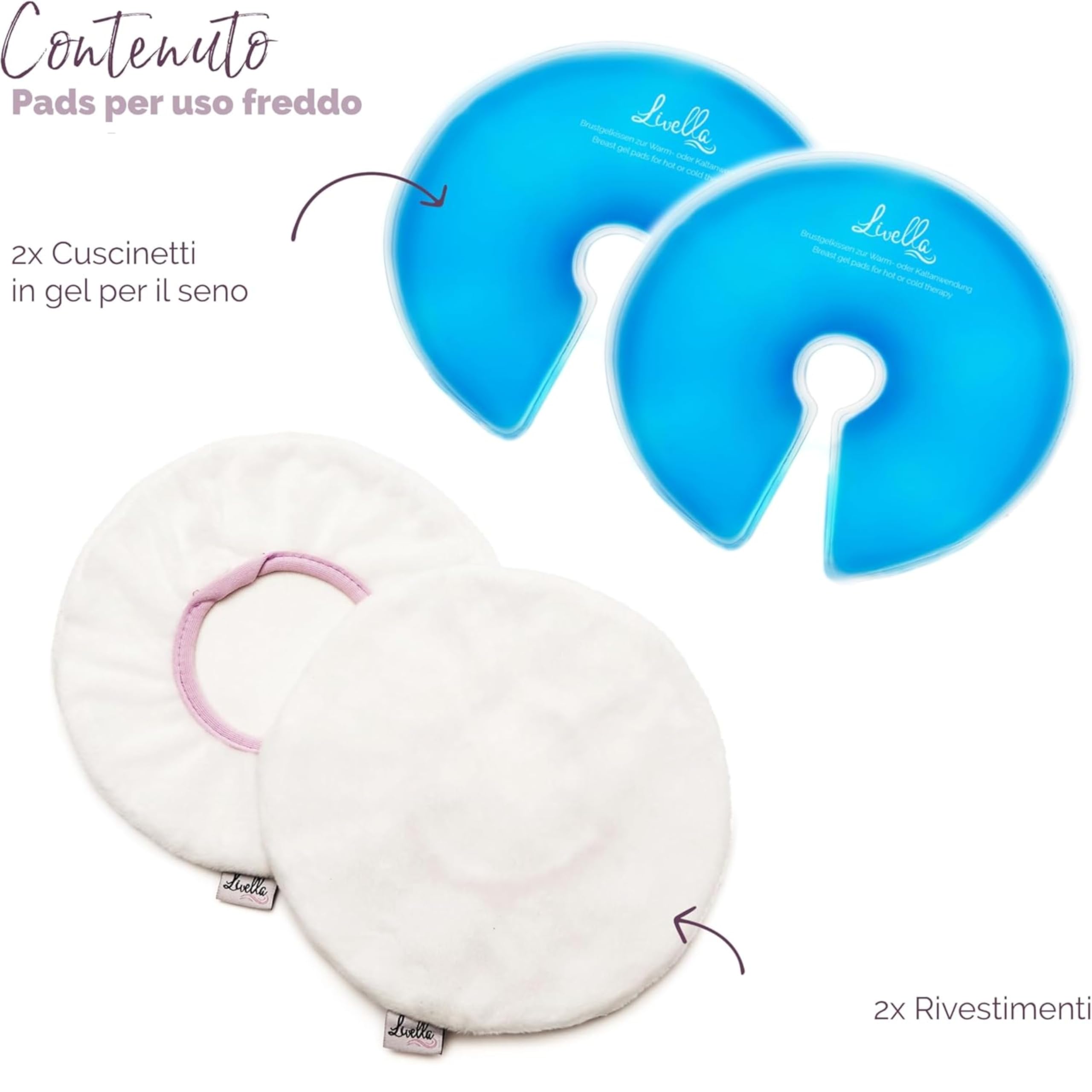Cuscinetto in gel per il seno Livella 3 in 1 - uso a freddo e a caldo per l’allattamento - Utilizzabile con il tiralatte - Dona sollievo e stimola il flusso del latte - 2 pad e 2 custodie protettive