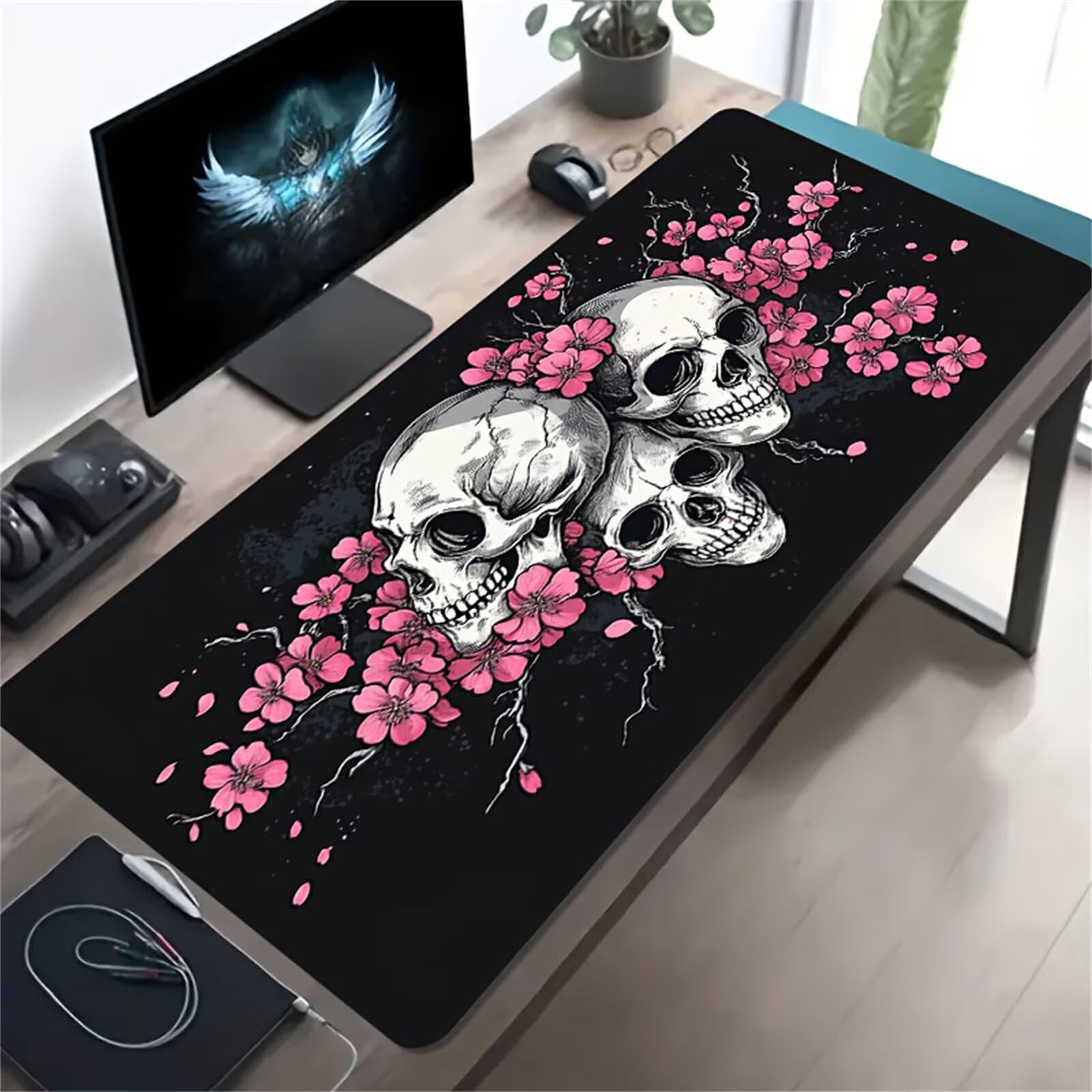 Tappetino Mouse Gaming XXL 1200x600x3 mm, Tappetino da Scrivania Grande, con Bordi Cuciti Rinforzati, Base in Gomma Antiscivolo, Tappetino per Tastiera Lavabile per PC e Laptop, Fantasma Fiori Rosa