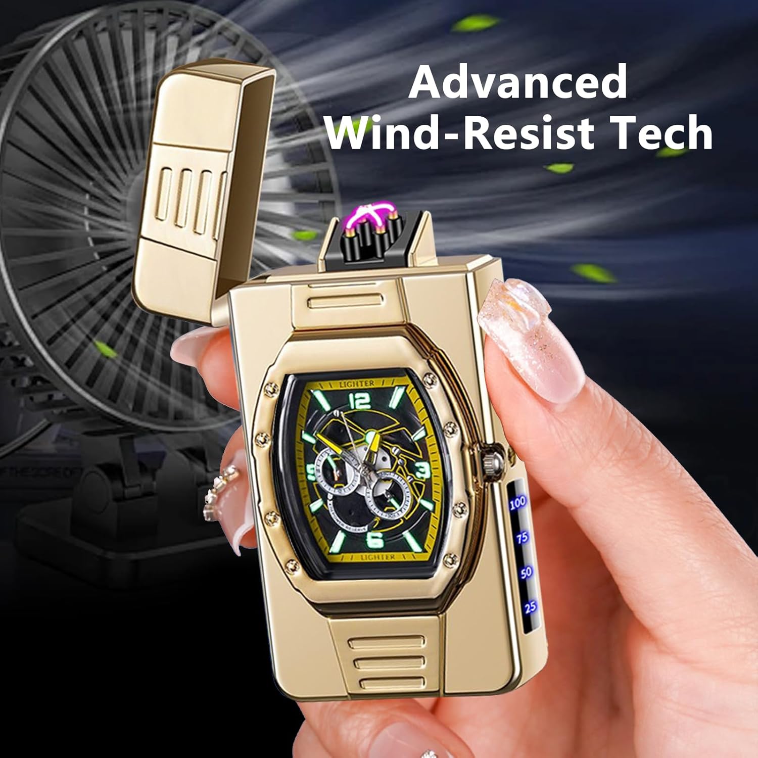 Plasma Windproof Lighter Luxury Rechargeable Flameless Windproof Arc Lighter Vintage Lighters for Candles, Fireworks, Camping, Hiking, Adventure(Gold ice Yellow)