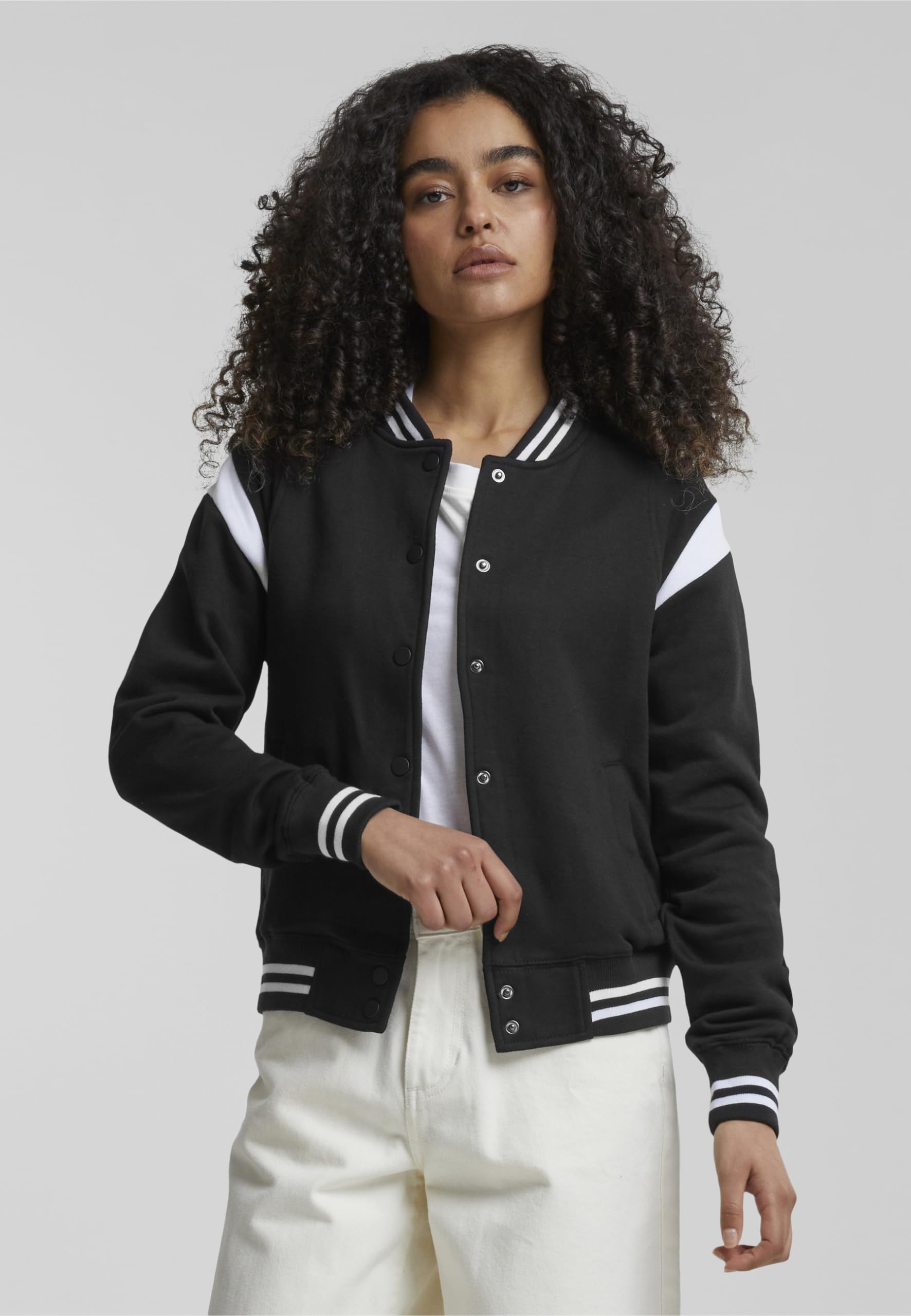 Urban Classics Damen Ladies Inset College Sweat Jacket Sweatjacke, Schwarz (Blk/Wht 00050), Medium (Herstellergröße: M)