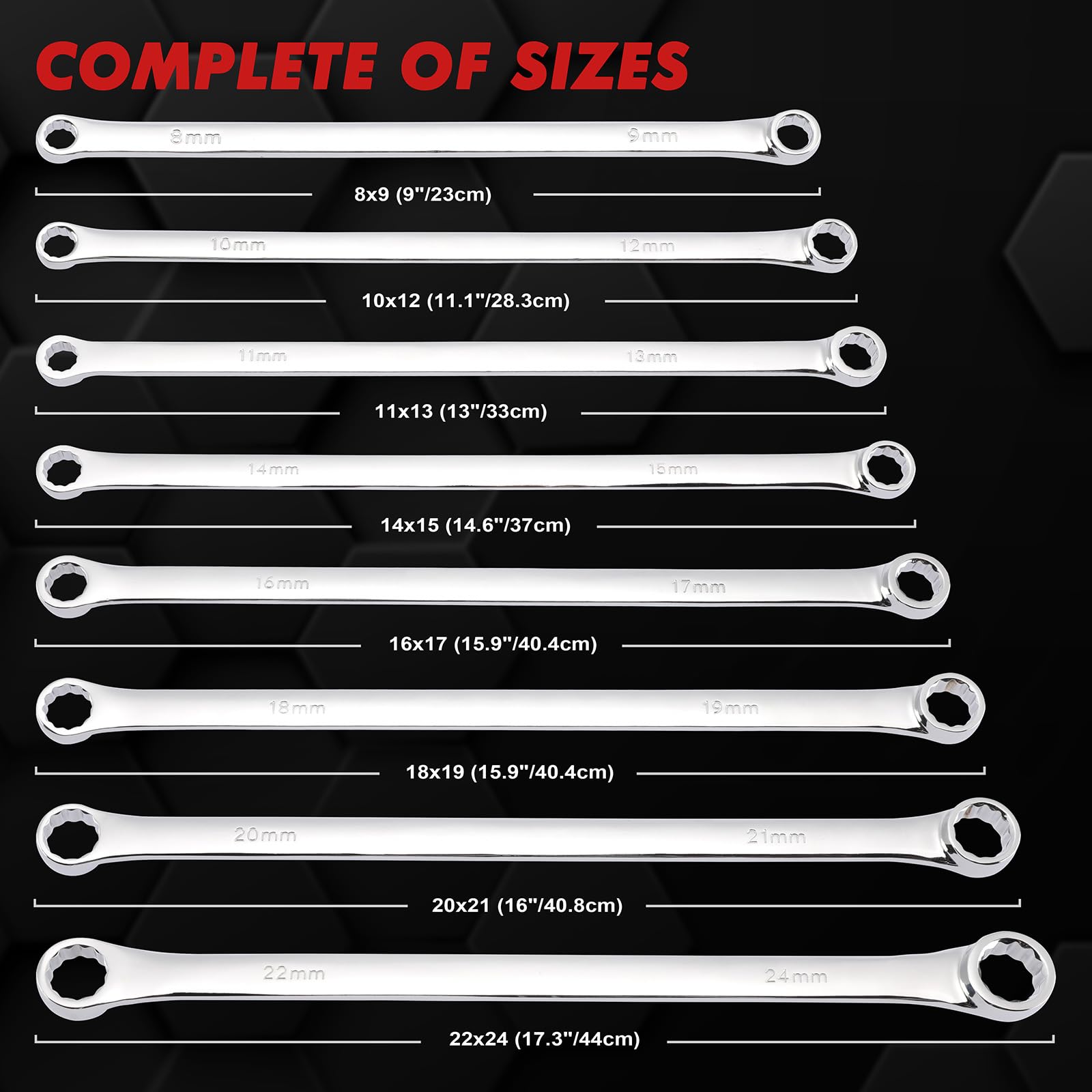 Mayouko 8 PCS Extra Long Spanner Set, Long Double Ring Single Gear Ratchet Spanner Wrench Set, 8mm-24mm，12-Point, CR-V