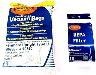 EnviroCare Replacement Vacuum Bags designed to fit Kenmore Uprights 50688 and 50690, Panasonic Type U-2 Uprights 9 Bags and 1 EF-1 HEPA Filter