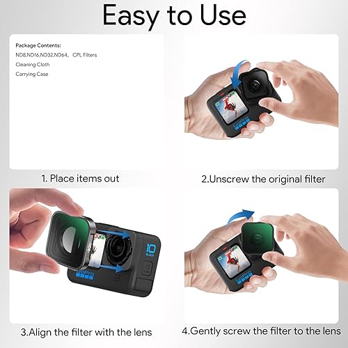Miniatura 7 de REYGEAK Juego de 6 filtros de lente CPL ND8 ND16 ND32 ND64 ND1000 compatible con GoPro Hero 12 11 10 9, densidad neutra y filtro de lente