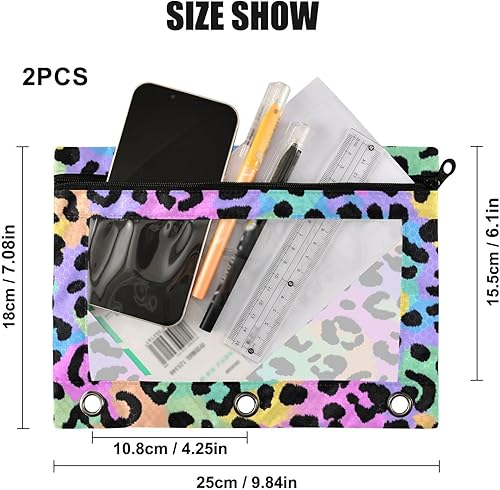 Vista 3 de Kcldeci Estuche para lápices para carpeta de 3 anillas, estampado de leopardo, lindos puntos de guepardo, paquete de 2 bolsas para lápices