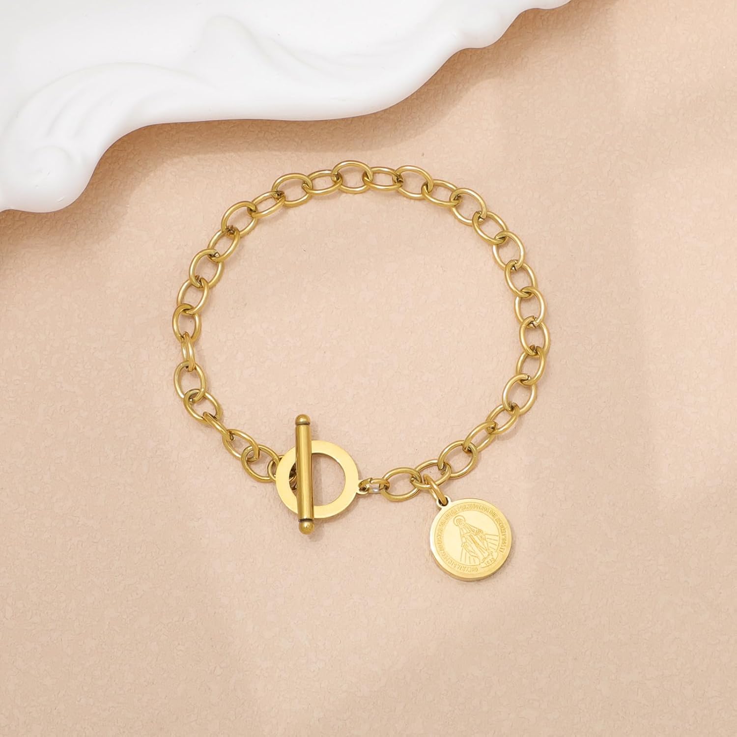 KOMI Stainless Steel Catholic Bracelet for Women, 18K Gold Plated Saint Benedict Chain Link Bracelet Religious Protection Jewelry Gifts - Image 5