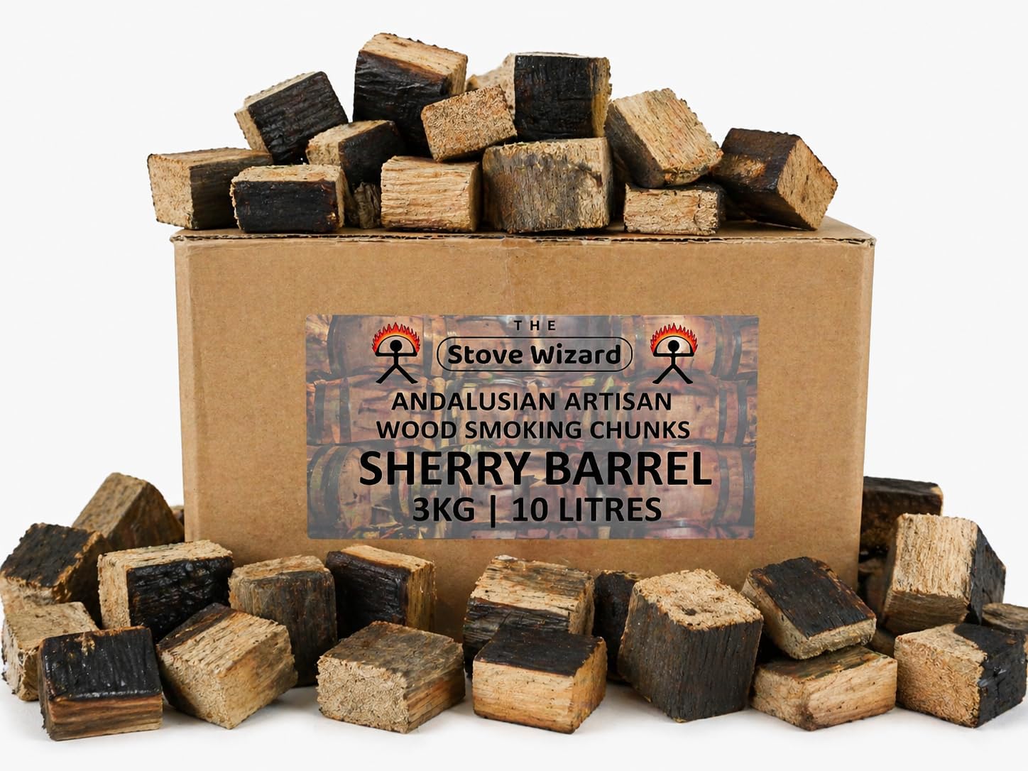 Sherry Wine Barrel Wood BBQ Smoker Smoking Chunks 3kg 10 Litre Andalusian Artisan Premium Quality Natural Eco Friendly Wood Chunks for Gas & Charcoal Grill Outdoor Cooking for Authentic BBQ Flavour