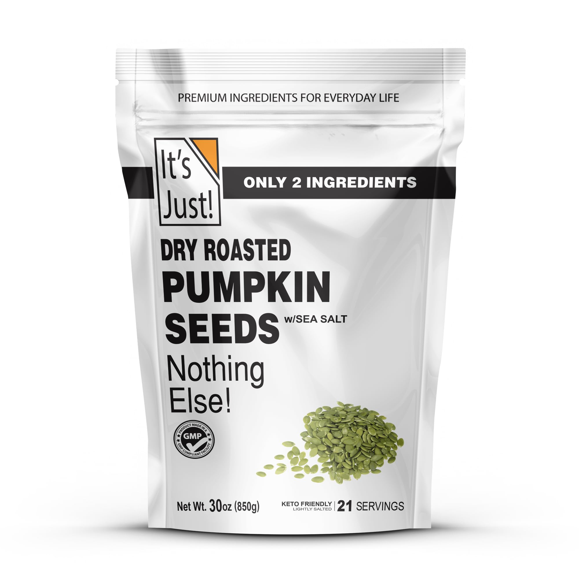 It's Just - Pumpkin Seeds (Pepitas), No Shell, Keto Friendly Snacking, Non-GMO, Packed in USA (Dry Roasted/Sea Salted, 30 Ounce)