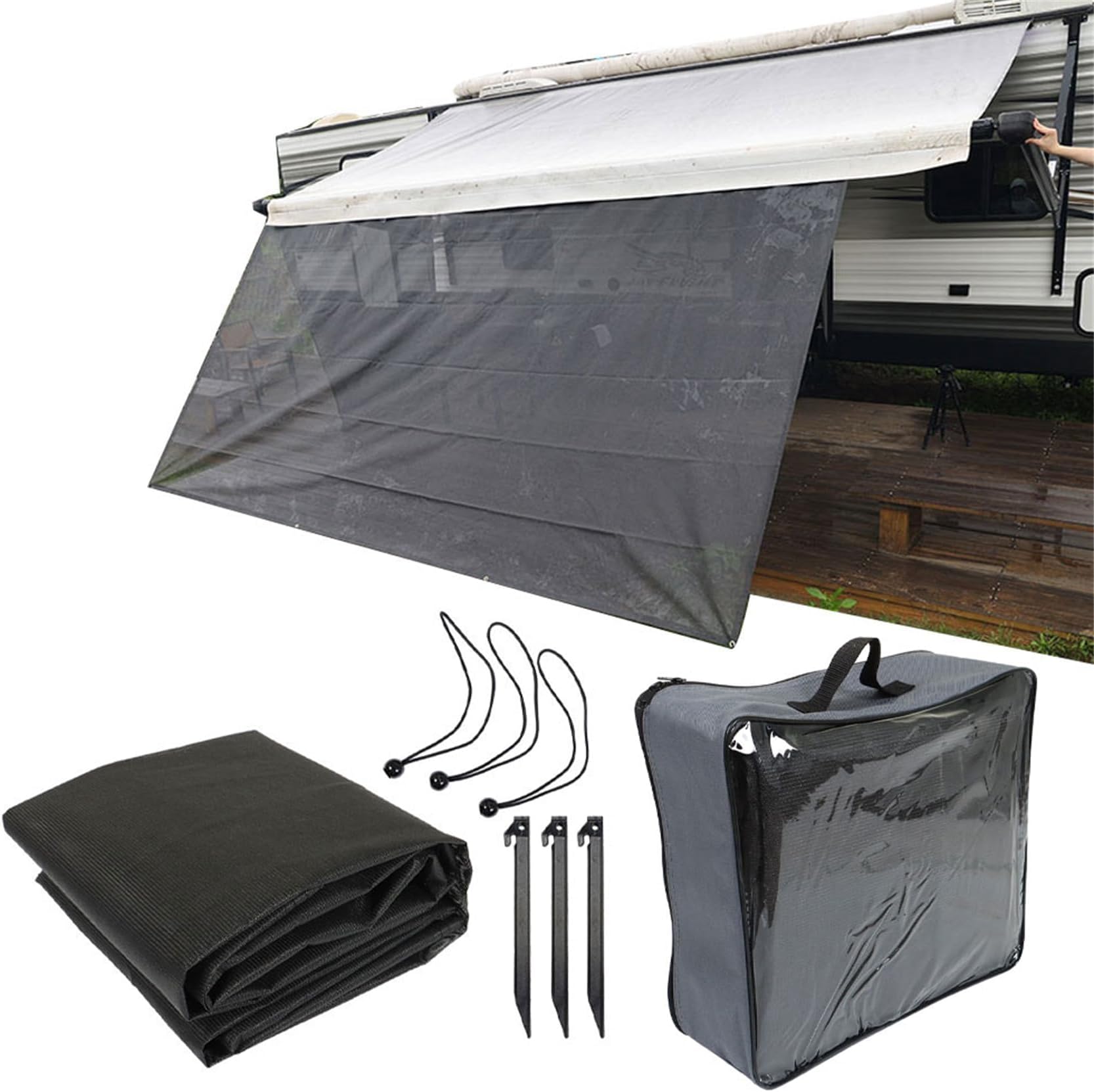 labwork 1Set 7FT x 9FT 3in RV Awning Sun Shade Screen Front Side Awning Complete Kit Black Grid Replacement for Travel Outdoor Camping