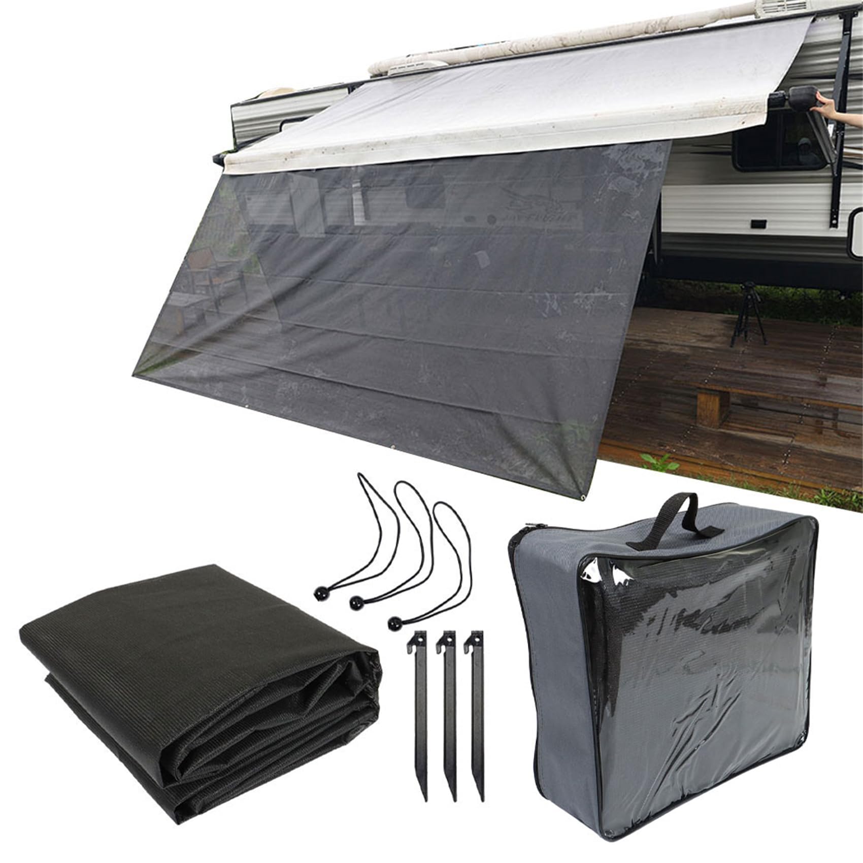 1Set 7FT x 9FT 3in RV Awning Sun Shade Screen Front Side Awning Complete Kit Black Grid Replacement for Travel Outdoor Camping