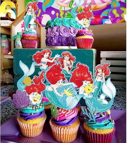 Miniatura 6 de 48 adornos de sirena para cupcakes de Ariel para cumpleaños, decoración de cupcakes para niños, suministros de fiesta temática con purpurina