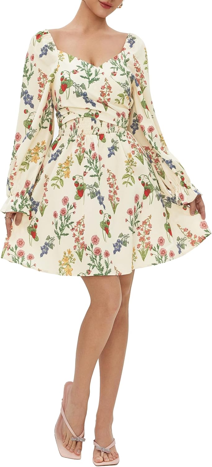 CIDER Women's Smocked Floral Mini Dress Long Sleeve A Line Casual Vacation Short Dress with Pockets - Image 3