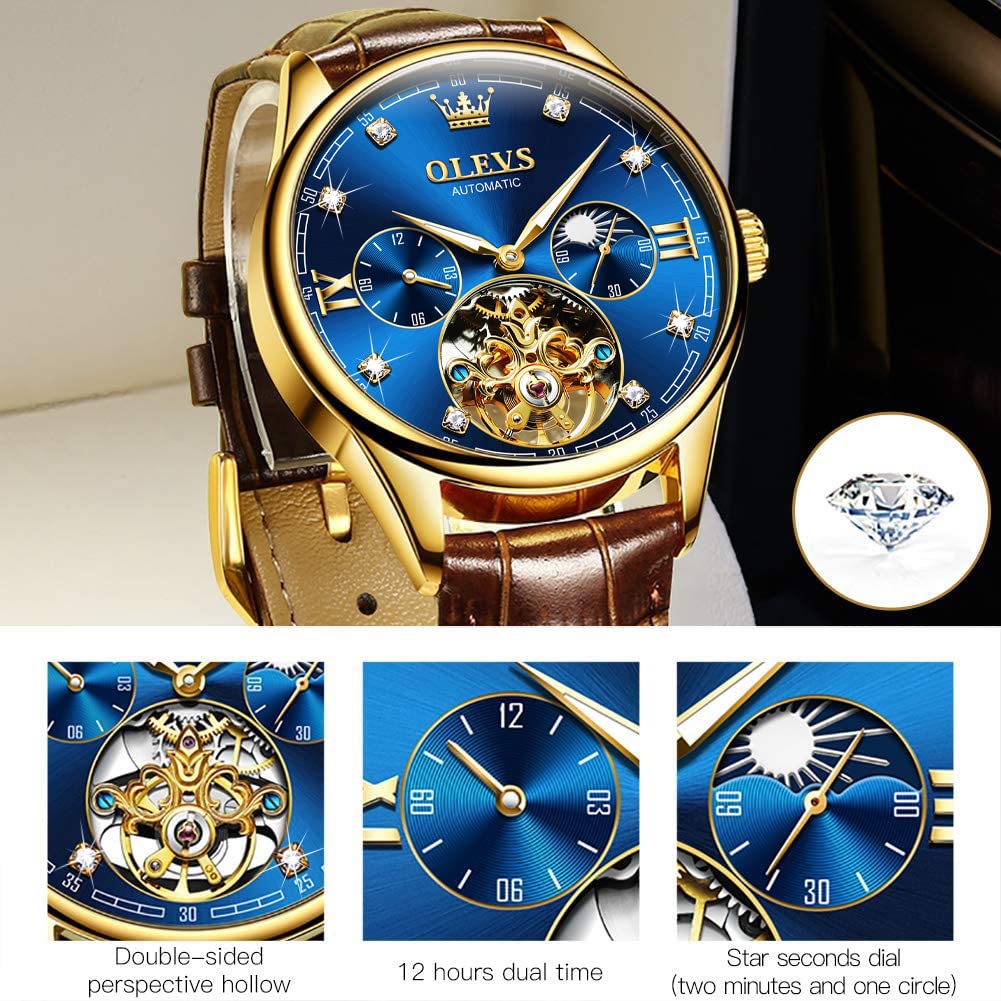 OLEVS Mens Leather Watches Automatic Mechanical Skeleton Tourbillon Diamond Luxury Self Winding Dress Wrist Watches Moon Phase Waterproof Luminous