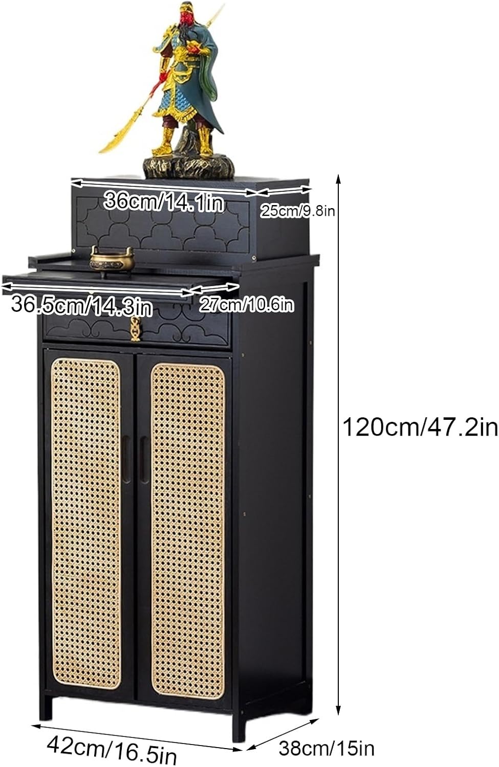 Bamboo Shrine Altar Table, with Retractable Pull Plate and Enclosed Storage, Meditation Prayer Tables, for Shrines, Temples(42cm/16.5'')