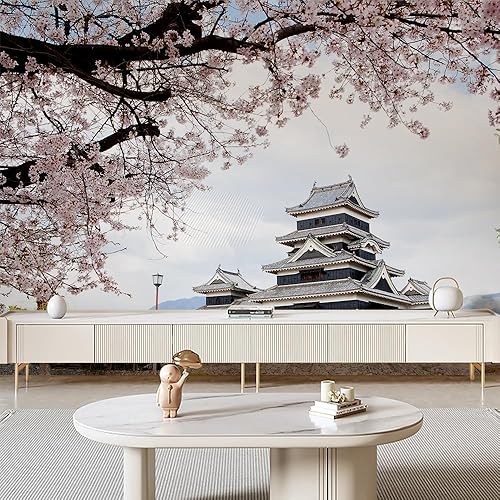 Miniatura 5 de Mural de pared con diseño de paisaje de Sakura del templo japonés, papel tapiz autoadhesivo extraíble, papel tapiz decorativo de pared grande de