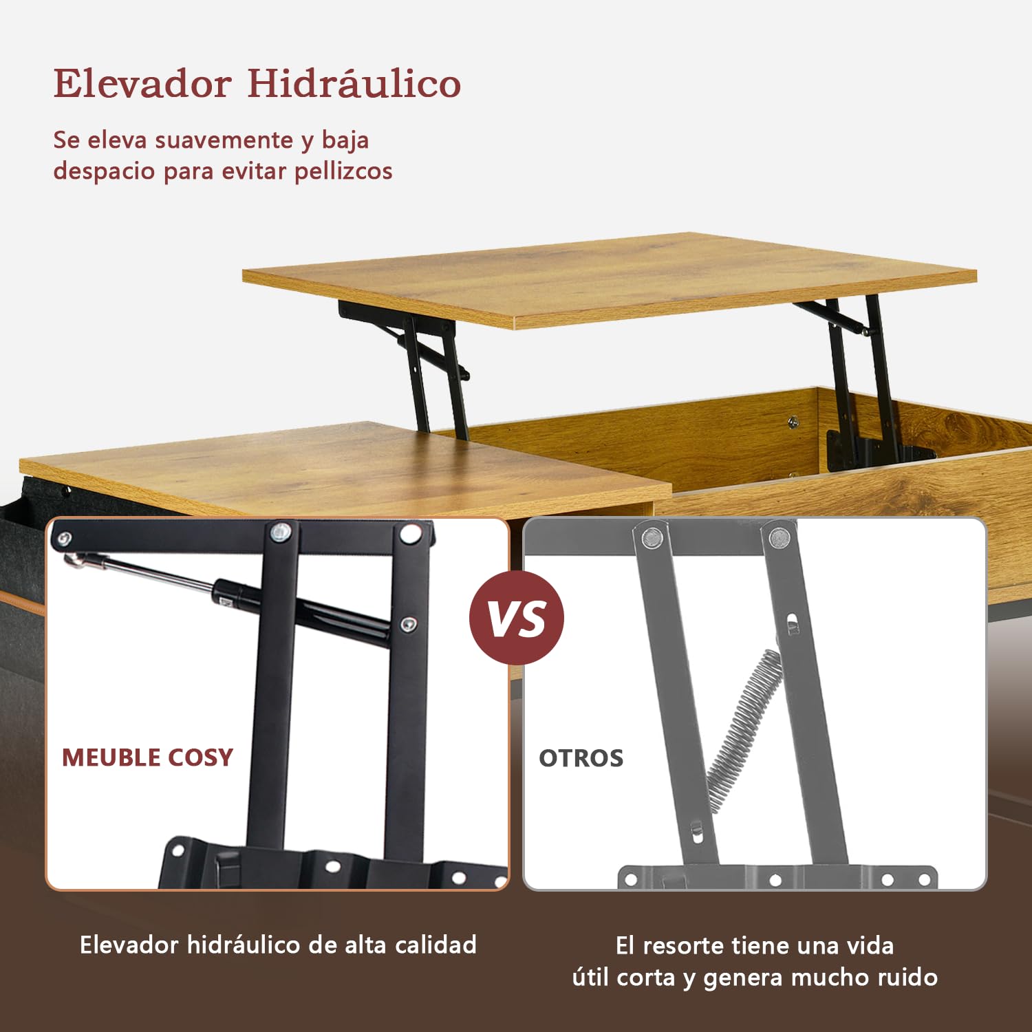 MEUBLE Cosy Mesa de Centro Elevable Mesitas Salón para el café Sofá con Espacio y Bolsillo de Almacenamiento, Estructura de Metal, Estilo Industrial, Marrón Claro, 100x50x45cm