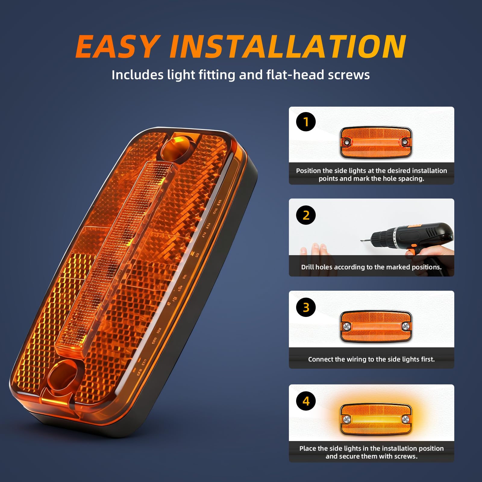4x Luces Laterales LED Naranjas, 12V/24V impermeables IP65 con soporte, con certificación ECE R10, para remolques, furgonetas, caravanas y camiones