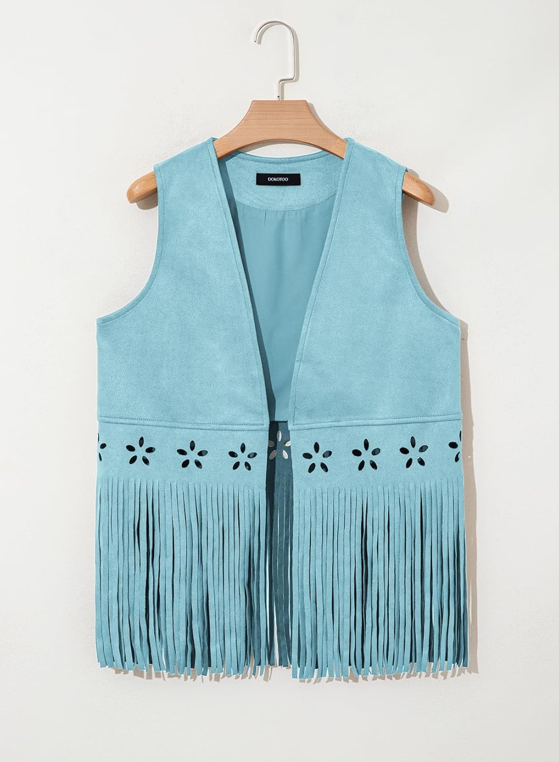 Dokotoo Womens Fringe Vest Cowgirl Western Outfits 70s Hippie Costume Sleeveless Hollow Out Faux Suede Tassel Outerwear - Image 5