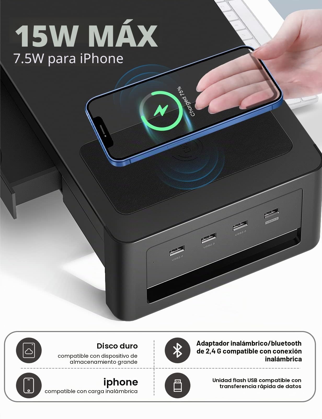 MEATANTY Soporte para 2 Monitores con Carga Inalámbrica y USB | Estructura metálica con 2 cajones, carga inalámbrica y hub USB de 4 puertos.