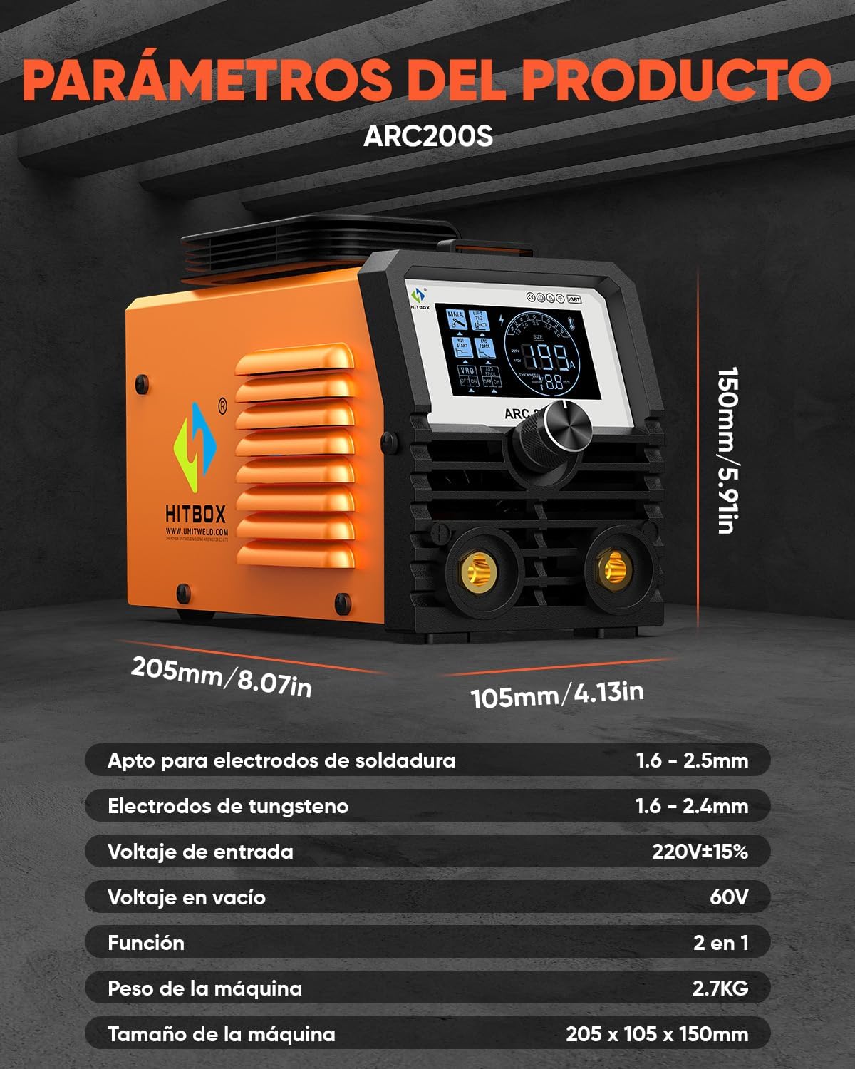 Product dimensions and specifications for the ARC200S welder