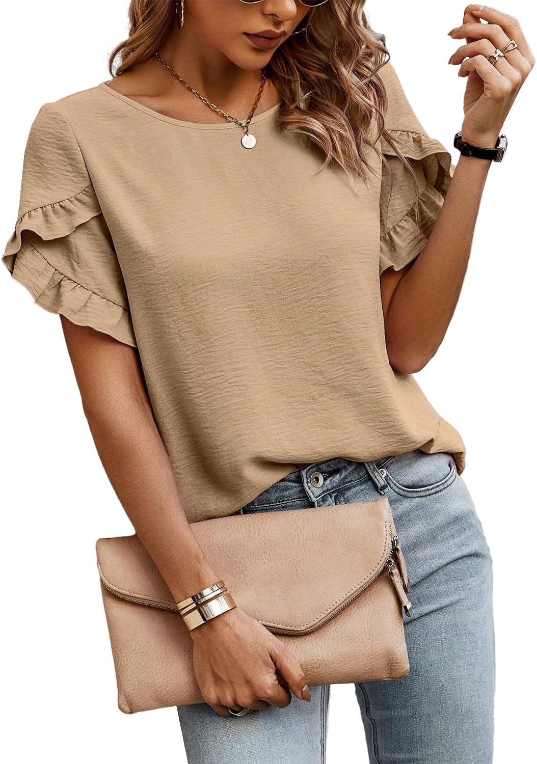 Women's Casual Ruffle Short Flared Sleeve Soft Lightweight Blouse, Round Neck, Perfect for Daily Wear & Summer Outfits