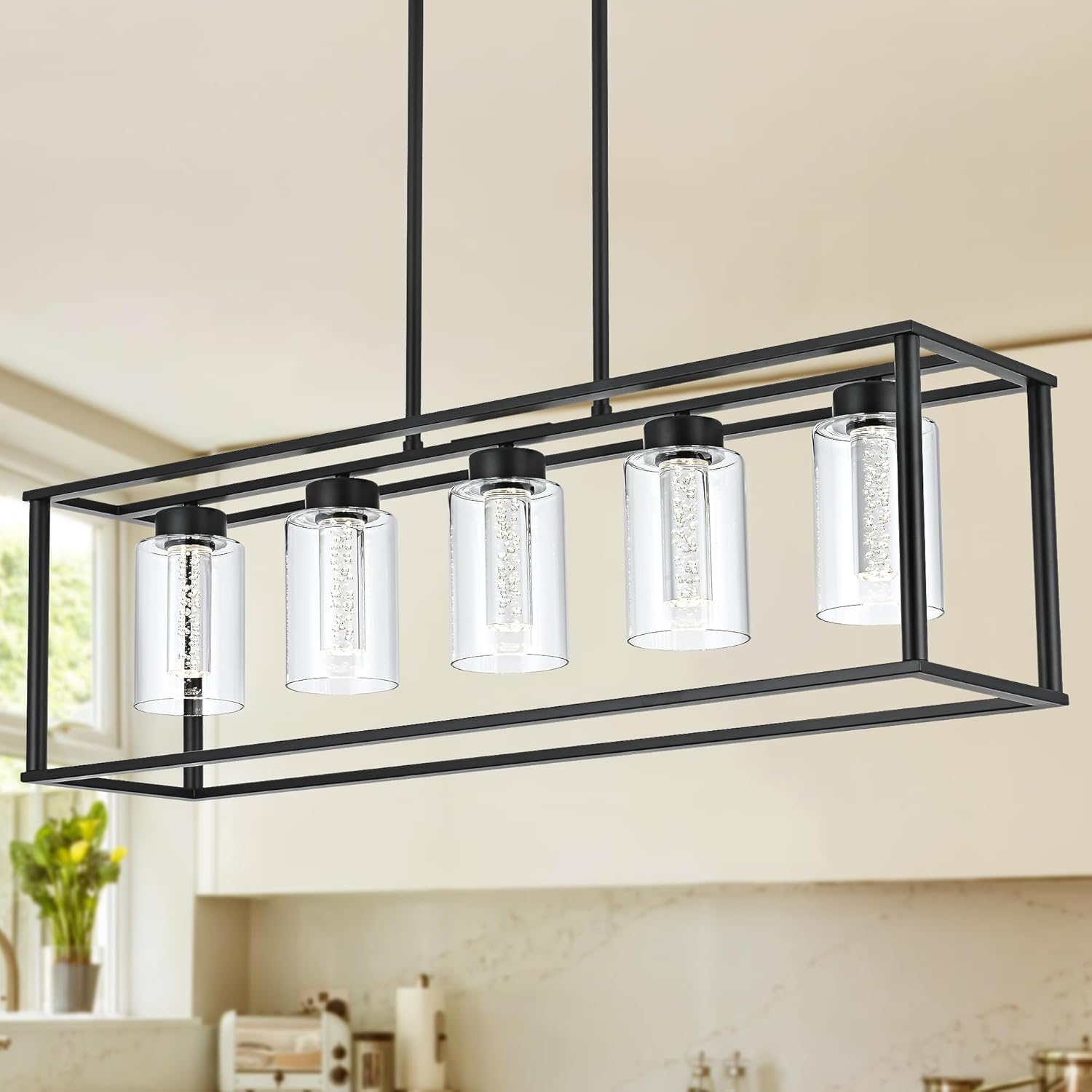 VINLUZ LED 5 Light Chandeliers Black with Clear Glass and Crystal Bulb Modern Industrial Kitchen Island Pendant Lights Linear Dining Room Lighting Fixtures Hanging, Farmhouse Ceiling Light for Bar Black 5 Light