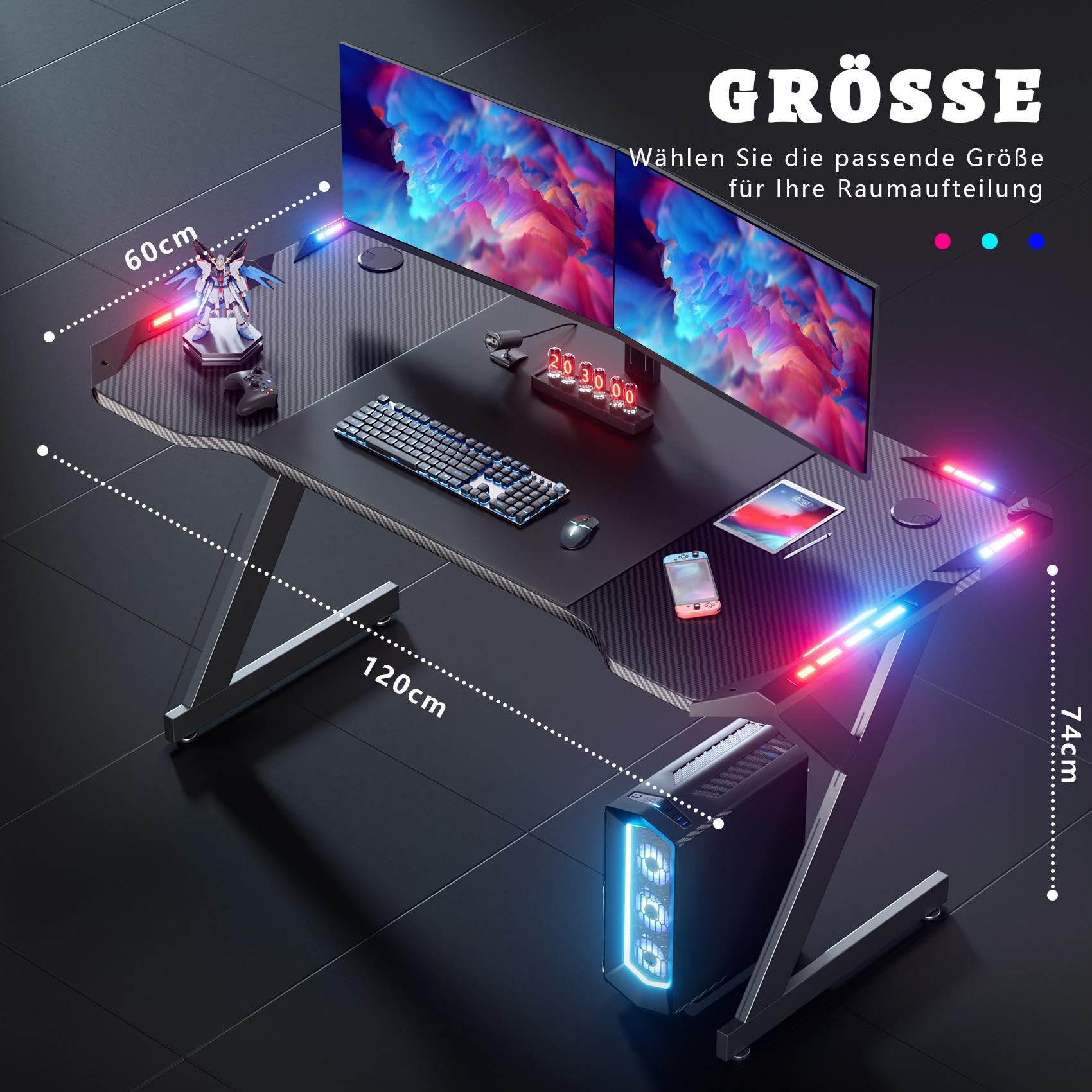 HLONONE LED Gaming Schreibtisch 120 x 60 cm, Gaming Tisch mit LED, Stabiler PC Tisch mit Kohlefaserbeschichtung, Gamer Tisch mit Getränkehalter und Kopfhörerhaken, Schwarz