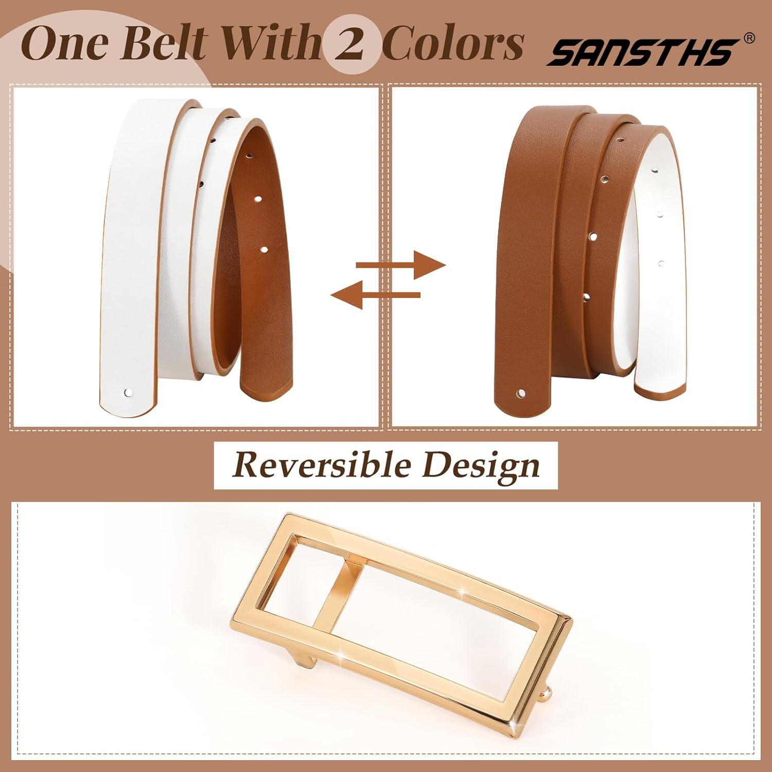 SANSTHS Skinny Reversible Belts for Women, Two-in-one Women Thin Belt for Dresses Jeans Pants with Gold Buckle - Image 3