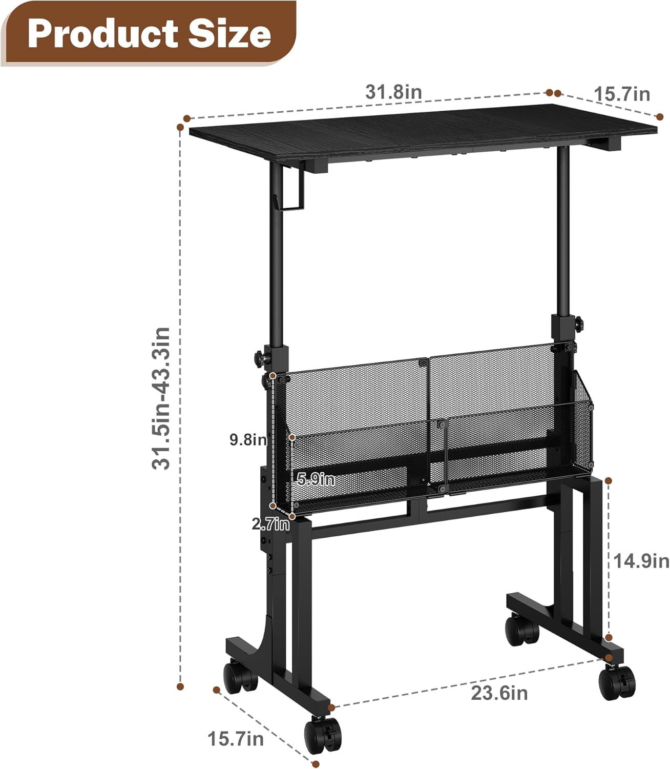 Height Adjustable Standing Desk With Storage, Small Stand Up Desk With wheels, Portable Rolling Desk for Home Office, Mobile Sit Stand Desk for Small Spaces, For Walking Pad Treadmill, Black