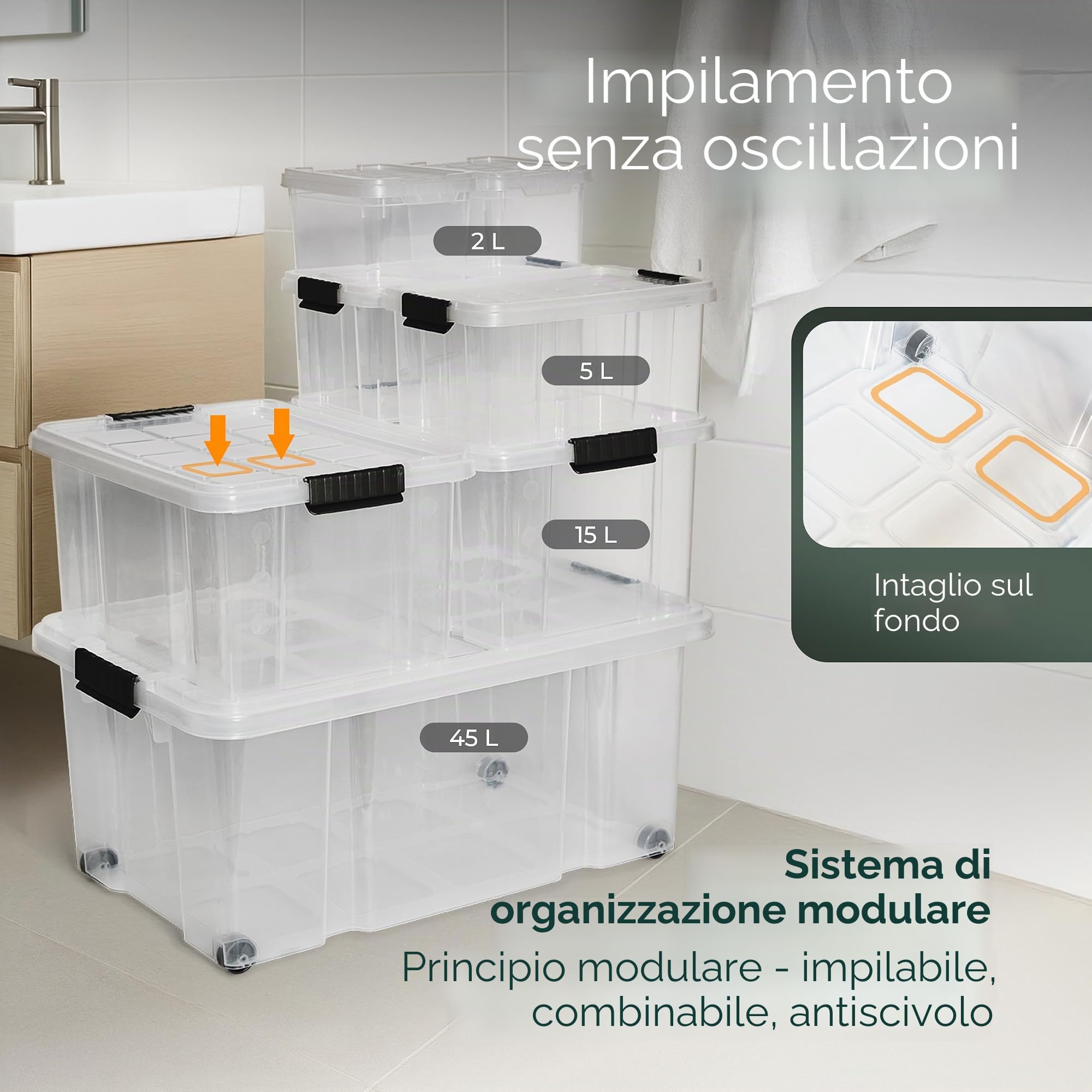 Novaliv Scatola portaoggetti XXL con coperchio, grande, 80 l, trasparente, impilabile, in plastica, con chiusura a clip, senza BPA, 61 x 40 x 45 cm