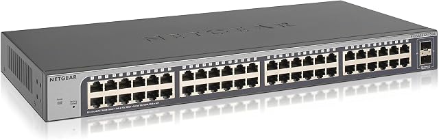 Netgear GS750E Switch 48 portów Gigabit Ethernet LAN Switch Plus z 2 x SFP, zarządzany za pomocą IGMP, QoS i VLAN, pulpit lub 19-calowy montaż w szafie