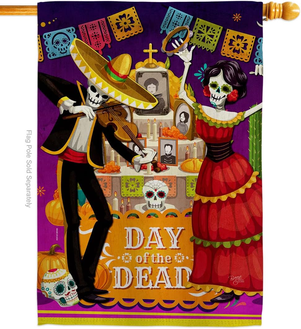 Breeze Decor La Baile de Los Muertos House Flag Falltime Day of Dead Dia Fiesta Mexican Party Autumntime Small Decorative Gift Yard Banner Double-Sided Made in USA 28 X 40