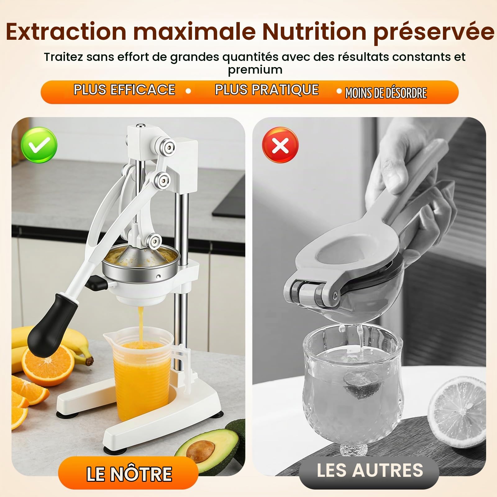 Presse Agrumes Manuel avec Tête Pointue & Plate, Acier Inoxydable Presse Orange avec Tasse Mesure 500ml, Presses Fruit avec Base U Stable, Haute Extraction de Jus, pour Citron, Orange, Pamplemousse