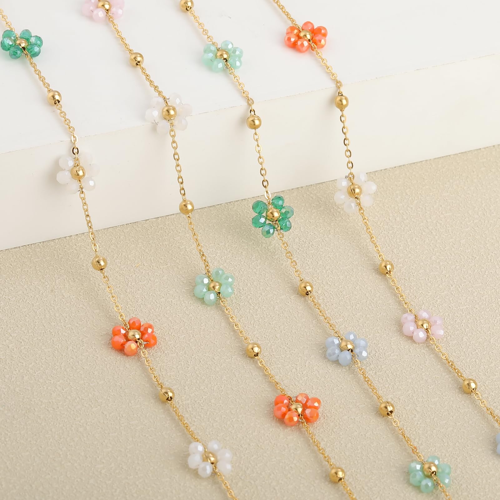 SMYHTGLIF 3 Meters Gold Stainless Steel Chain for Jewelry Making Mixed Color Flower Shaped Crystals Chain Bulk Gold Beaded Craft Jewelry Making Chains