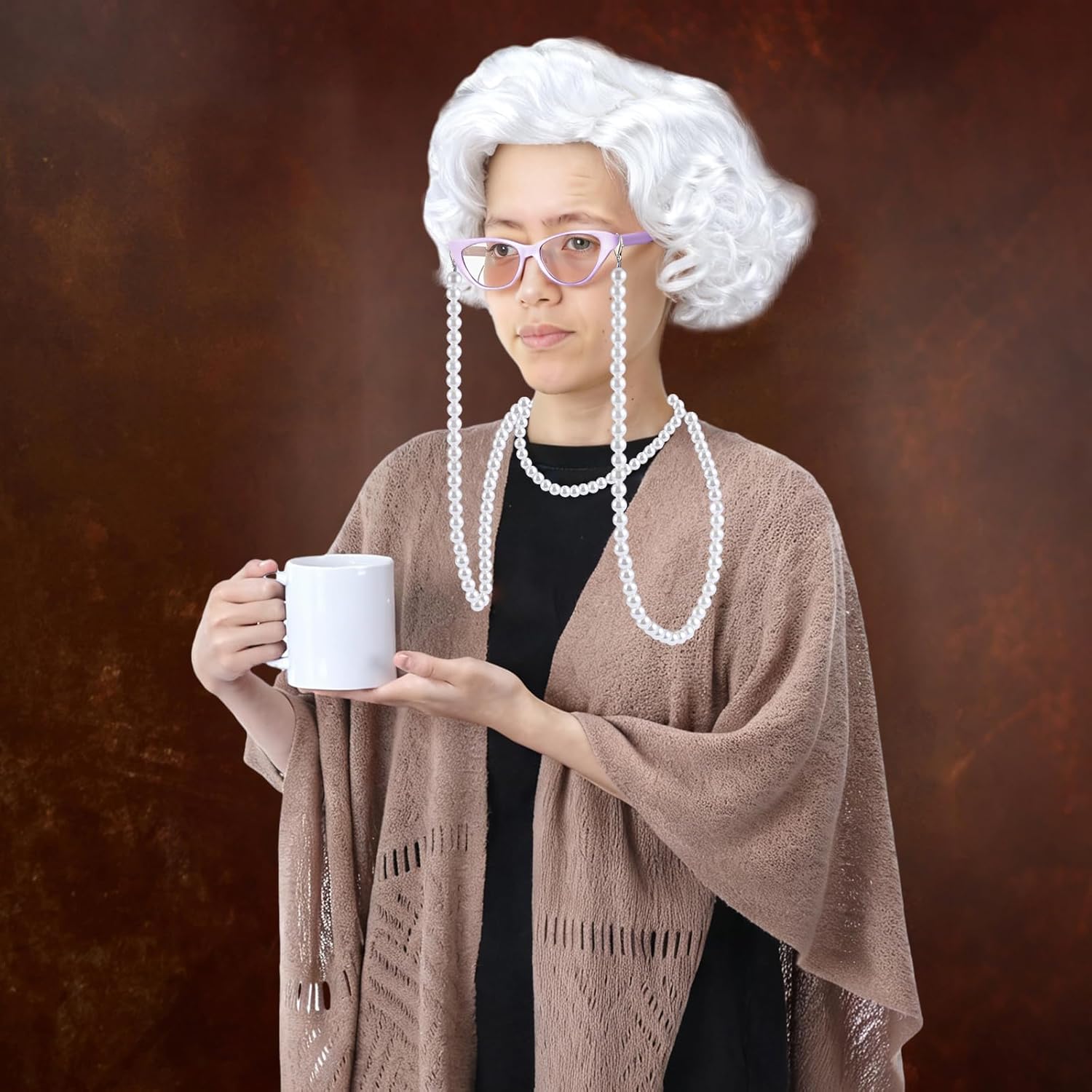 6 Pcs 100th Day of School Grandma Old Lady Costume Girls Granny Dress 100 Year Grandma Costume, Curly Granny Wig Brown Shawl Glasses Ceramic Mug and Pearl Chains for Old Woman Cosplay Party - Image 7