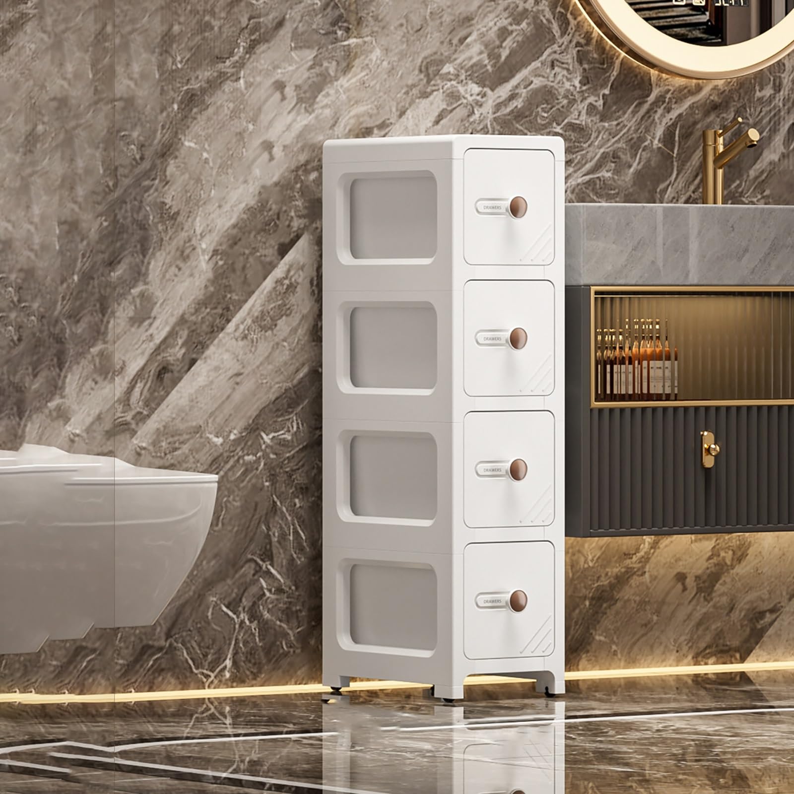 Carrello Salvaspazio Senza Montaggio con Cassetto, Mobiletto Bagno Stretto su Ruote per Cucina e Lavanderia, Carrellino Portaoggetti Sottile per Piccoli Spazi(White,28x17x69cm)