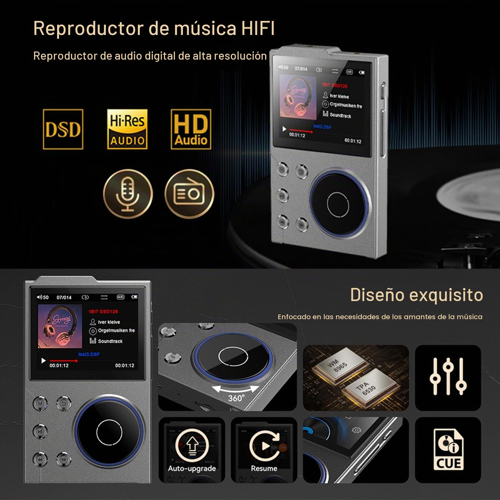Reproductor de Mp3 de HiFi, Bluetooth 5.3 HD Música Digital DSD FLAC sin Pérdida de DSD con 2.4 en la Pantalla HD, Almacenamiento de Reproductor de Audio de Alta Resolución
