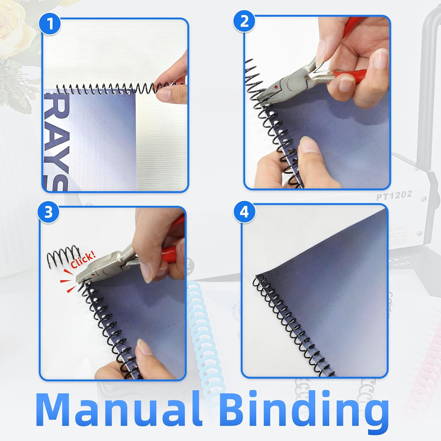 Rayson PT1202 Coil Binding Machine, 3:1 Pitch, 32 Hole Punch for Spiral & Click Binding Spines, Metal Spiral Binder Hole Punch, Punches 12 Sheets at a Time