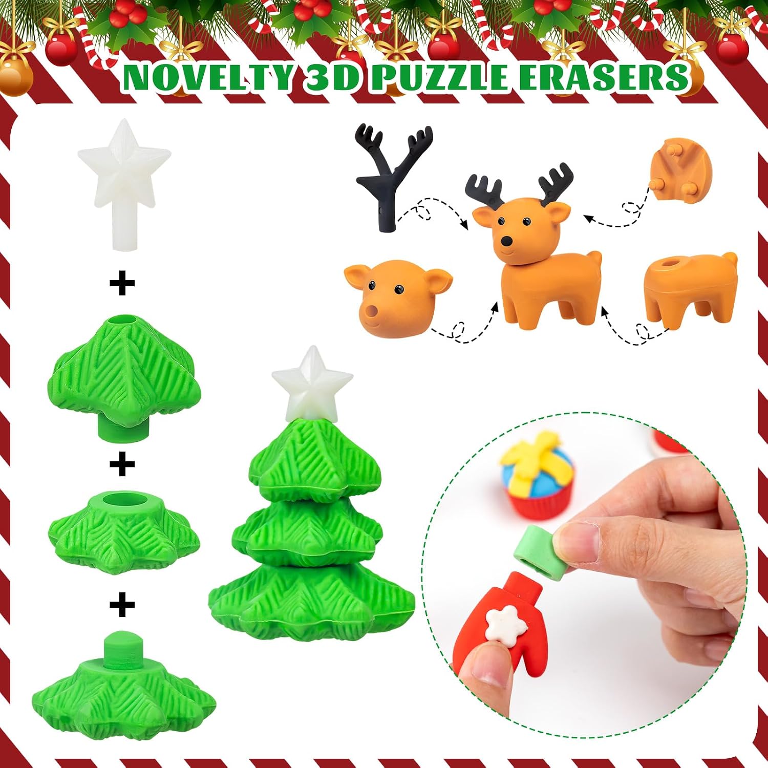 YGAOHF 60 PCS Christmas Erasers for Kids Bulk - Cute 3D Animal Puzzle Eraser Desk Pets for Classroom Rewards Party Favors Christmas Gifts image 3