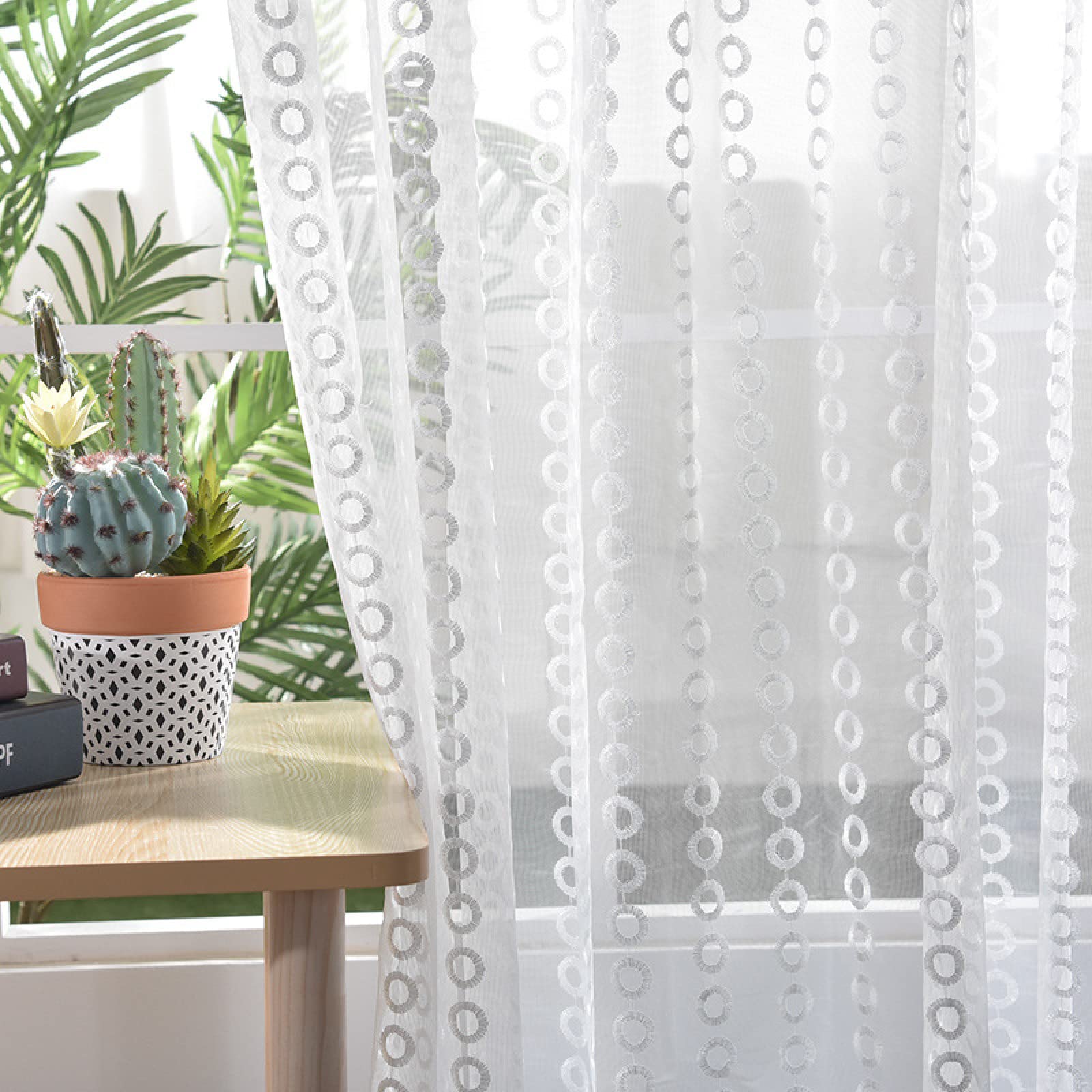 2 Piezas Cortinas Salon Modernas Visillos Poliéster Visillo semitraslúcido con Ollaos para Casa Decoracion Dormitorio, Salón o Habitación - 229 x 274cm(An x Al) círculo Blanco
